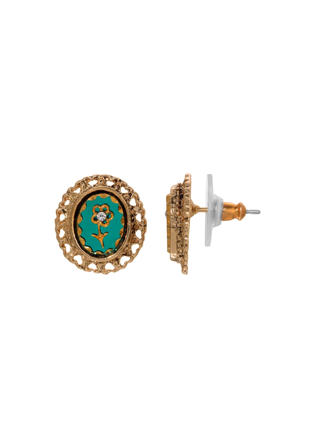 Gold Tone Green Intaglio Flower Stud