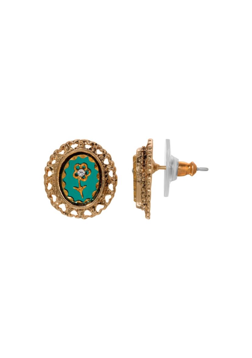 Gold Tone Green Intaglio Flower Stud