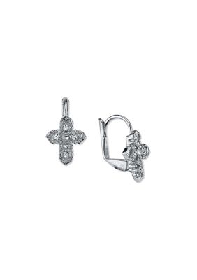 Symbols of Faith Silver Tone Crystal Cross Leverback Earrings