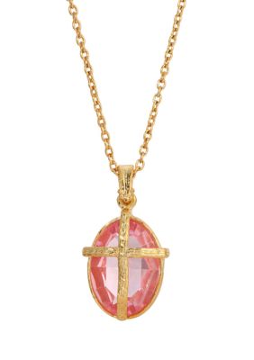Symbols Of Faith 14K Gold Dipped Light Pink Oval Stone Swarovski Crystal Cross Necklace - 16"" Adj
