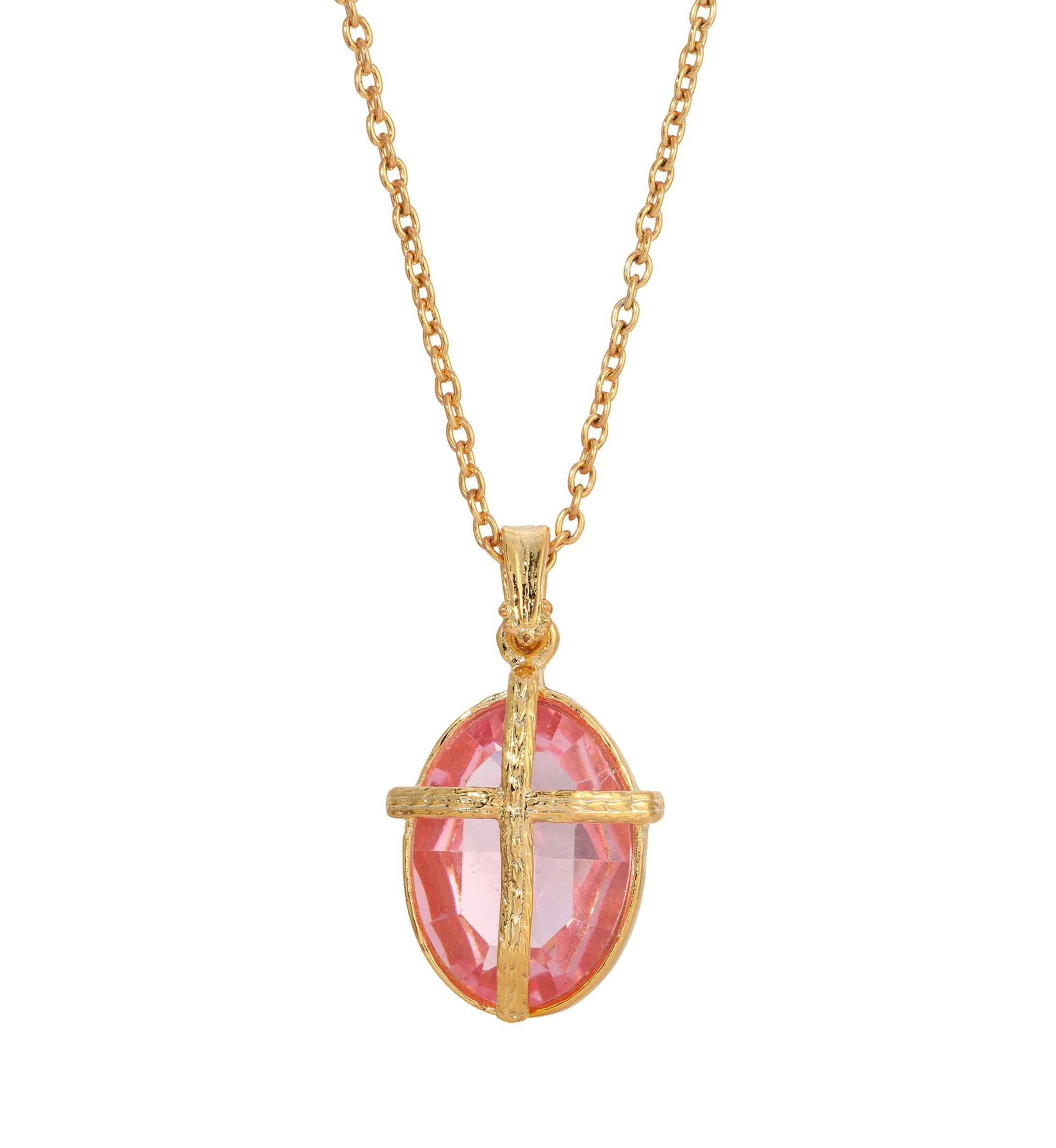 14K Gold Dipped Light Pink Oval Stone Swarovski Crystal Cross Necklace - 16" Adj.