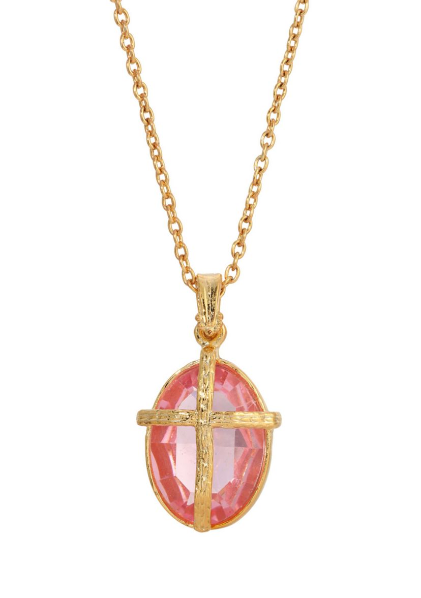 14K Gold Dipped Light Pink Oval Stone Swarovski Crystal Cross Necklace - 16" Adj.