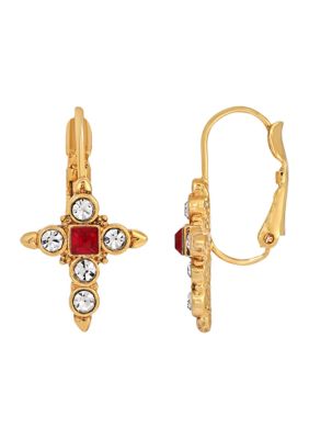 14K Gold-Dipped Crystal Dark Red Cross Earrings