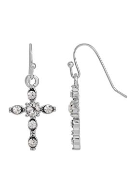 Silver-Tone Crystal Cross Drop Earrings