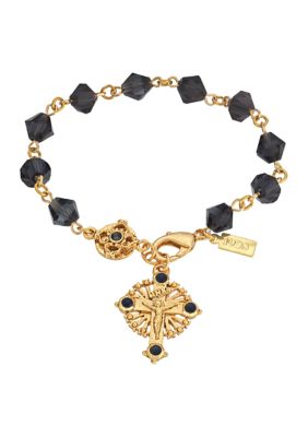 14K Gold-Dipped Blue Bead "Windows to Heaven" Rosary Crucifix Bracelet