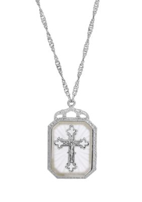 Silver-Tone Frosted Stone with Crystal Cross Large Pendant Necklace - 28"