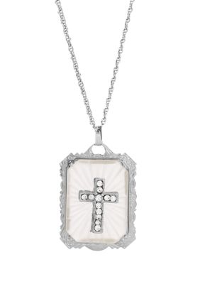 Silver-Tone Frosted Stone with Crystal Cross Large Pendant Necklace - 18"