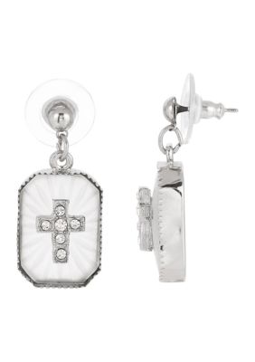 Silver-Tone Frosted Stone Crystal Cross Drop Earrings