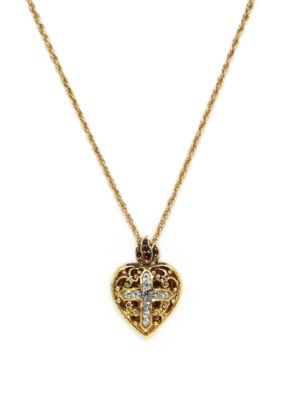 14k Gold Dipped Crystal Heart Cross Locket Necklace 