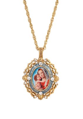 14K Gold-Dipped Crystal Blue Enamel Mary and Child Pendant Necklace - 24"