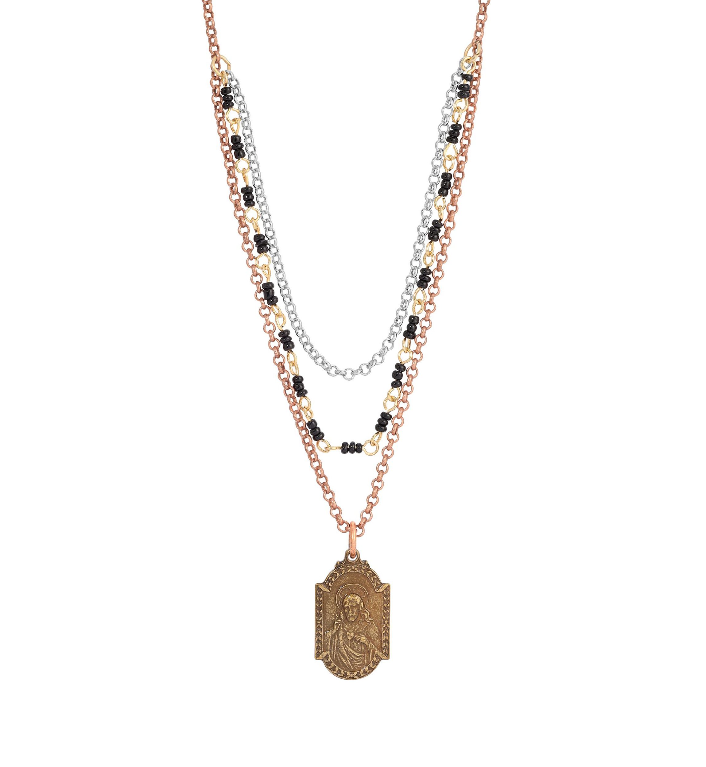 Mixed Metal Sacred Heart/Our Lady of Mount Carmel Medal Necklace - 16" Adj.