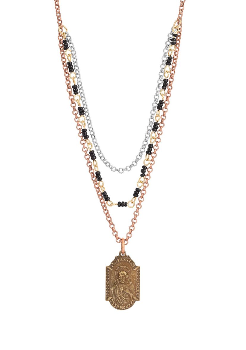 Mixed Metal Sacred Heart/Our Lady of Mount Carmel Medal Necklace - 16" Adj.