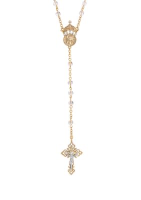 14K Gold-Dipped Crystal Two Rings and Cross Medallion Wedding Rosary - 20"