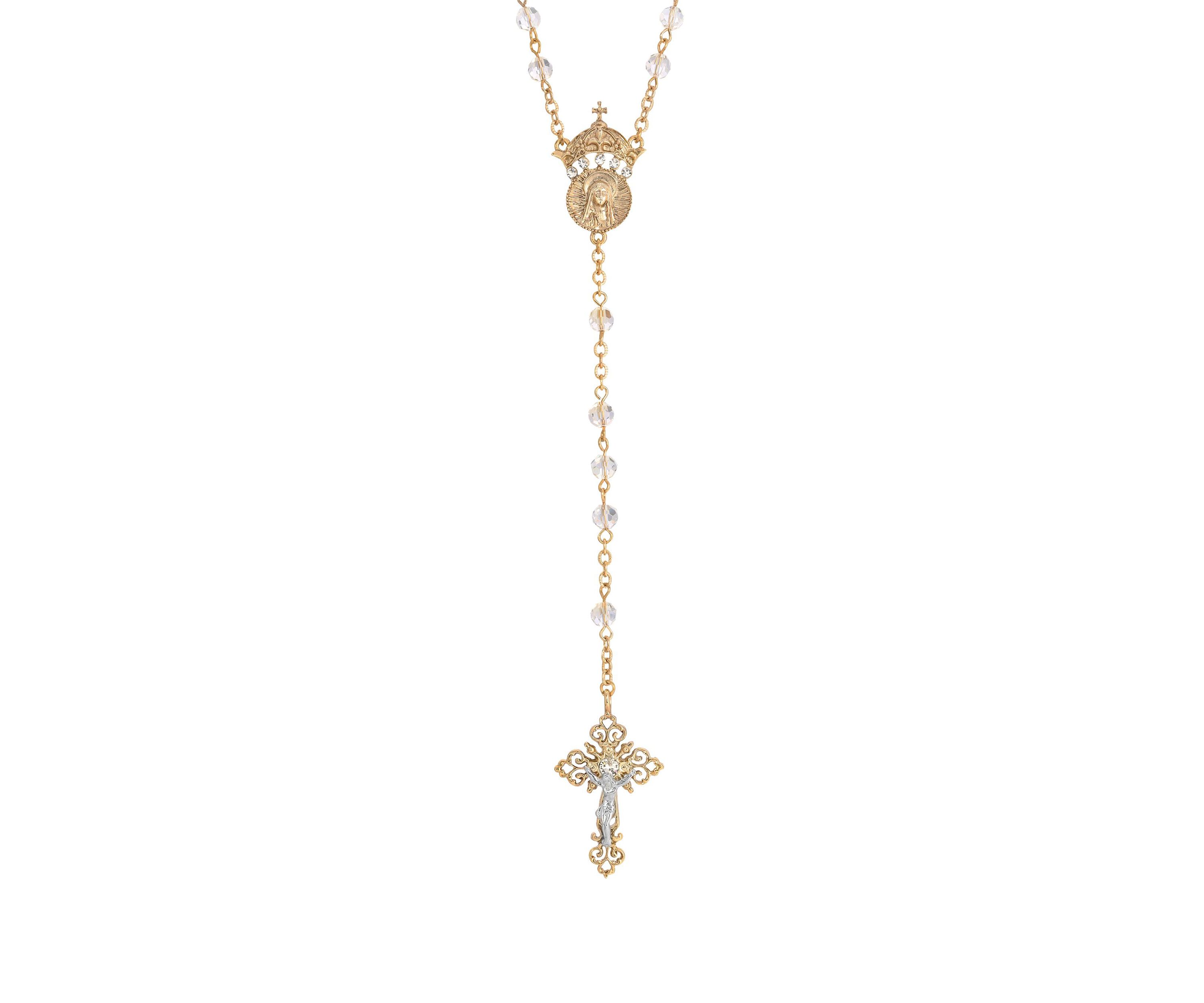 14K Gold-Dipped Crystal Two Rings and Cross Medallion Wedding Rosary - 20"