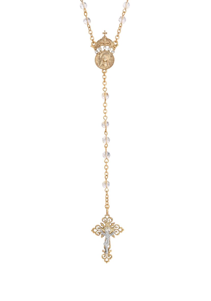 14K Gold-Dipped Crystal Two Rings and Cross Medallion Wedding Rosary - 20"