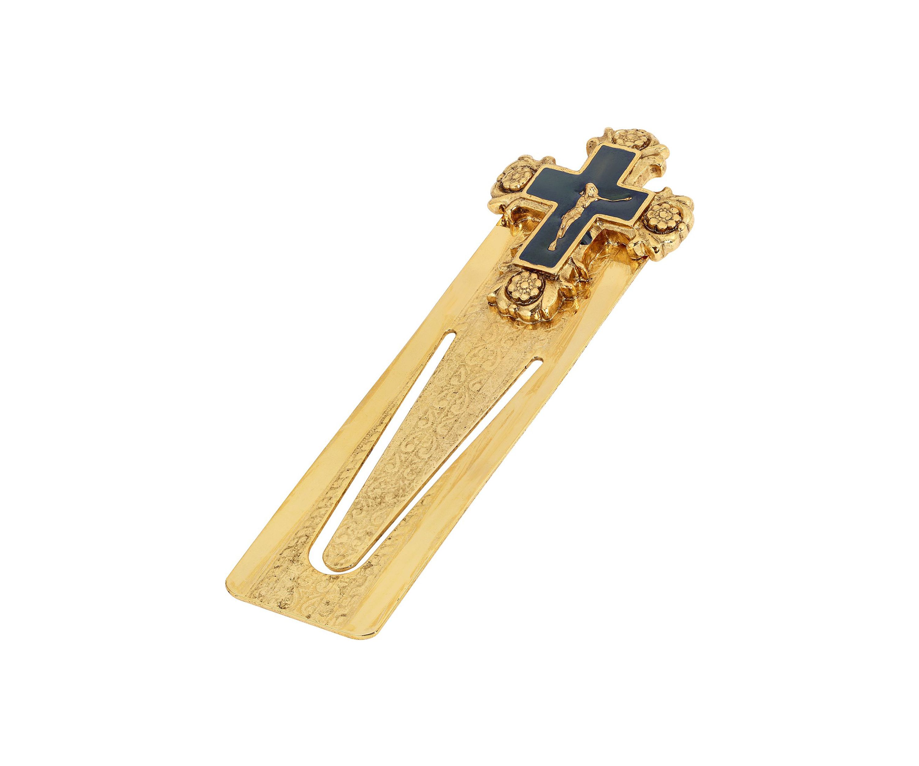 14K Gold-Dipped and Blue Enamel Crucifix Small Bookmark