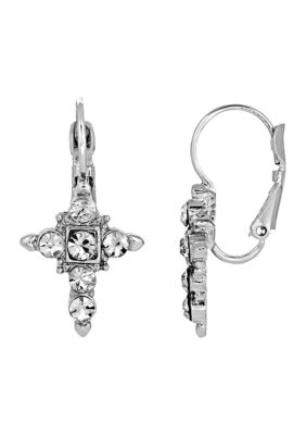 Silver-Tone Crystal Cross Earrings