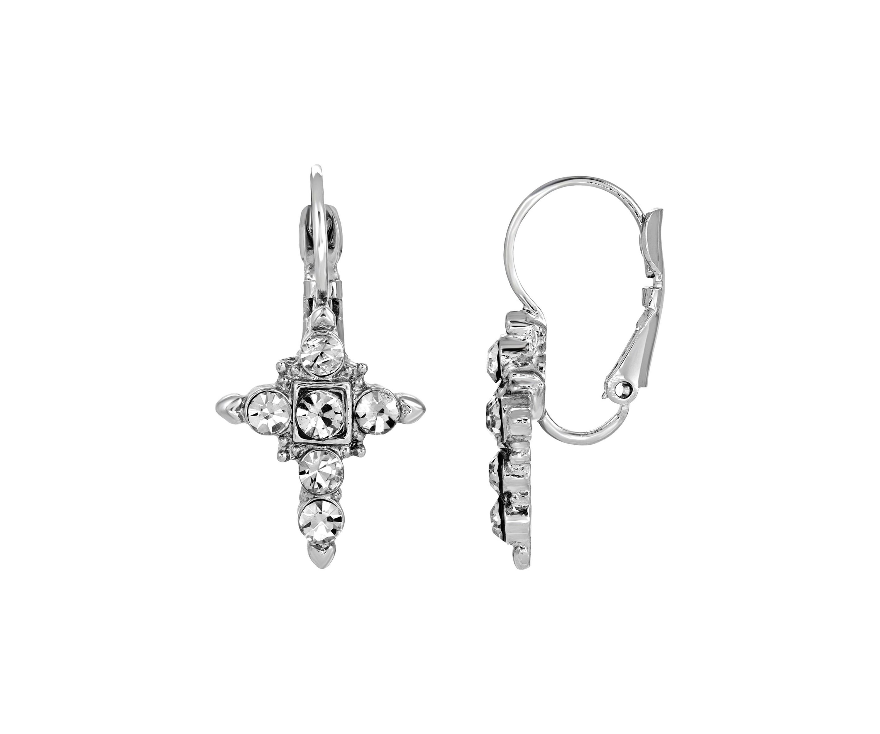 Silver-Tone Crystal Cross Earrings