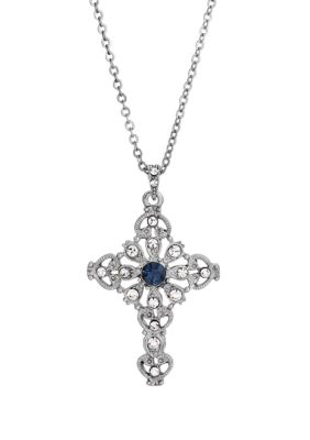 Silver-Tone Blue and Crystal Cross Necklace - 16" Adj.