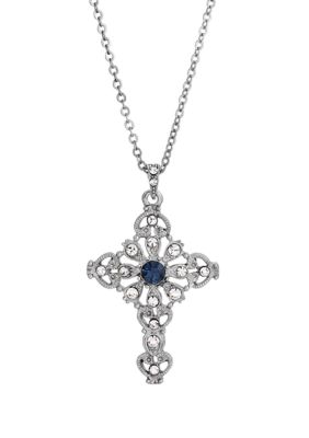 Symbols of Faith Silver-Tone Blue and Crystal Cross Necklace - 16" Adj