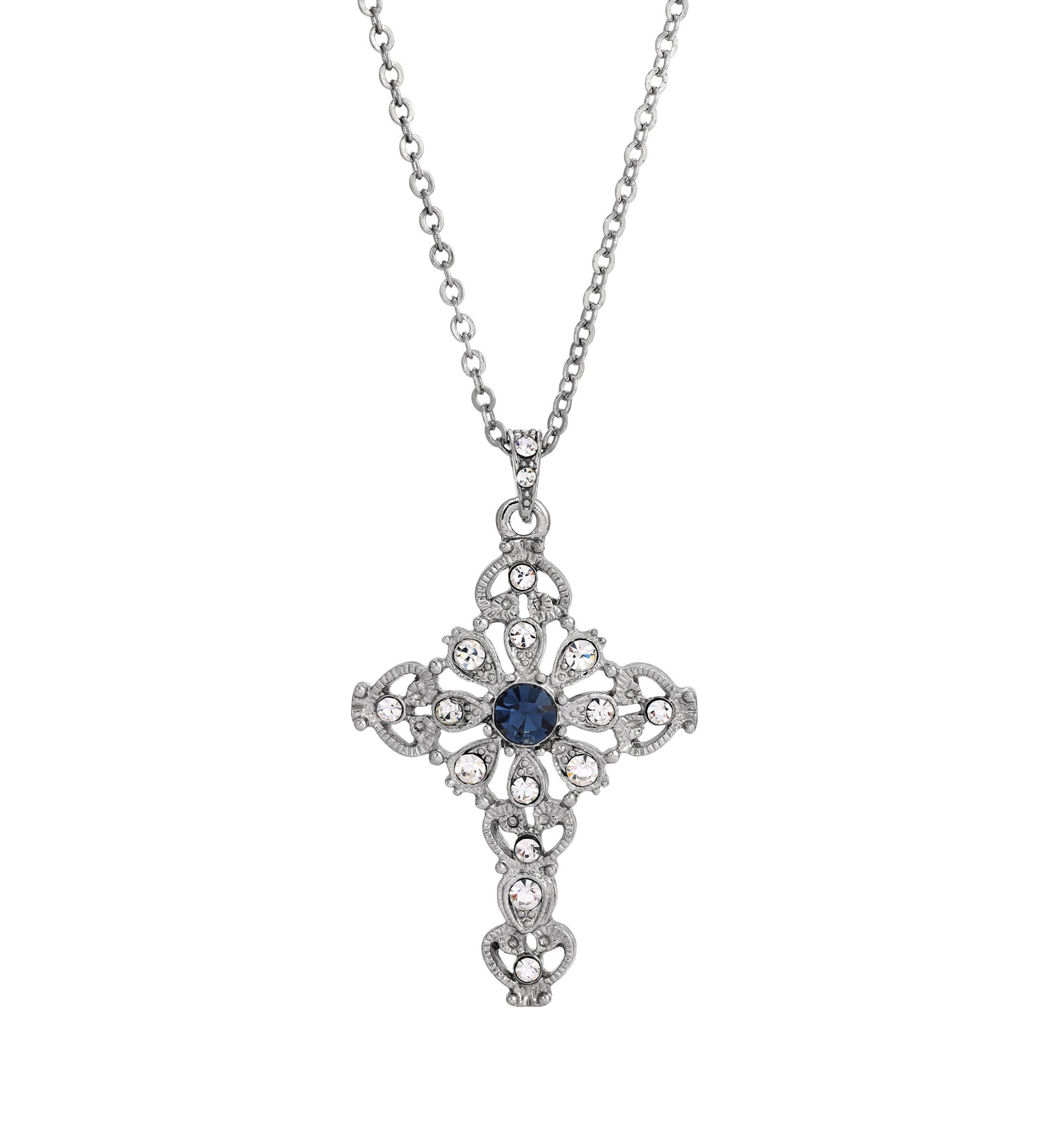Silver-Tone Blue and Crystal Cross Necklace - 16" Adj.