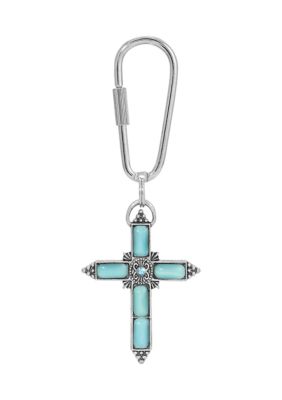 Silver Tone Aqua Moonstone Aqua Crystal Cross Keychain