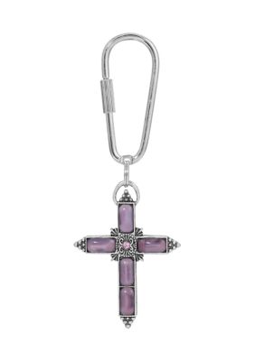 Silver Tone Purple Moonstone Purple Crystal Cross Keychain