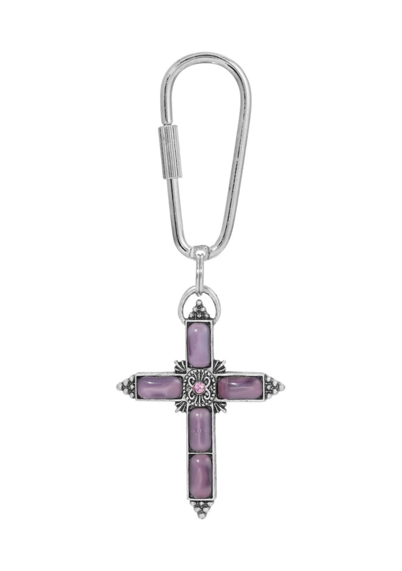 Silver Tone Purple Moonstone Purple Crystal Cross Keychain