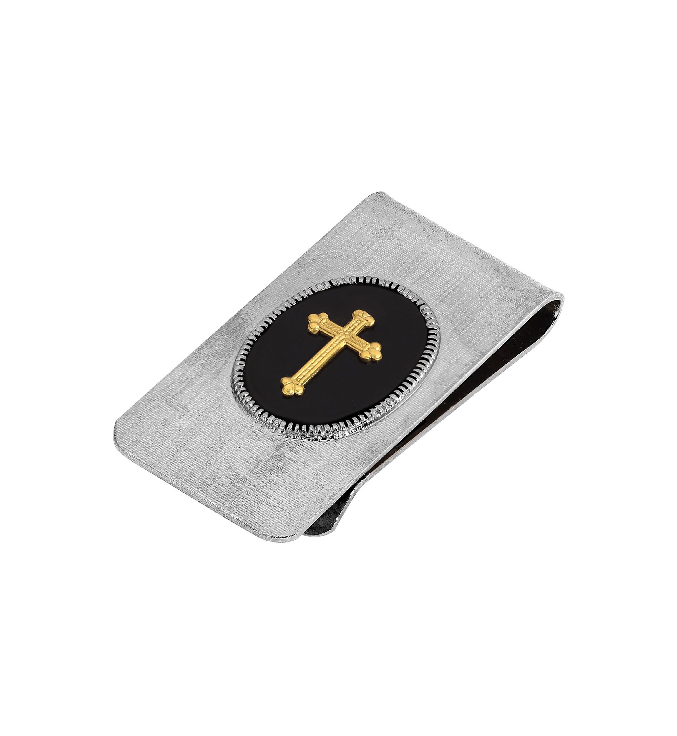 Silver Tone Black Enamel Gold Tone Cross Mens Money Clip