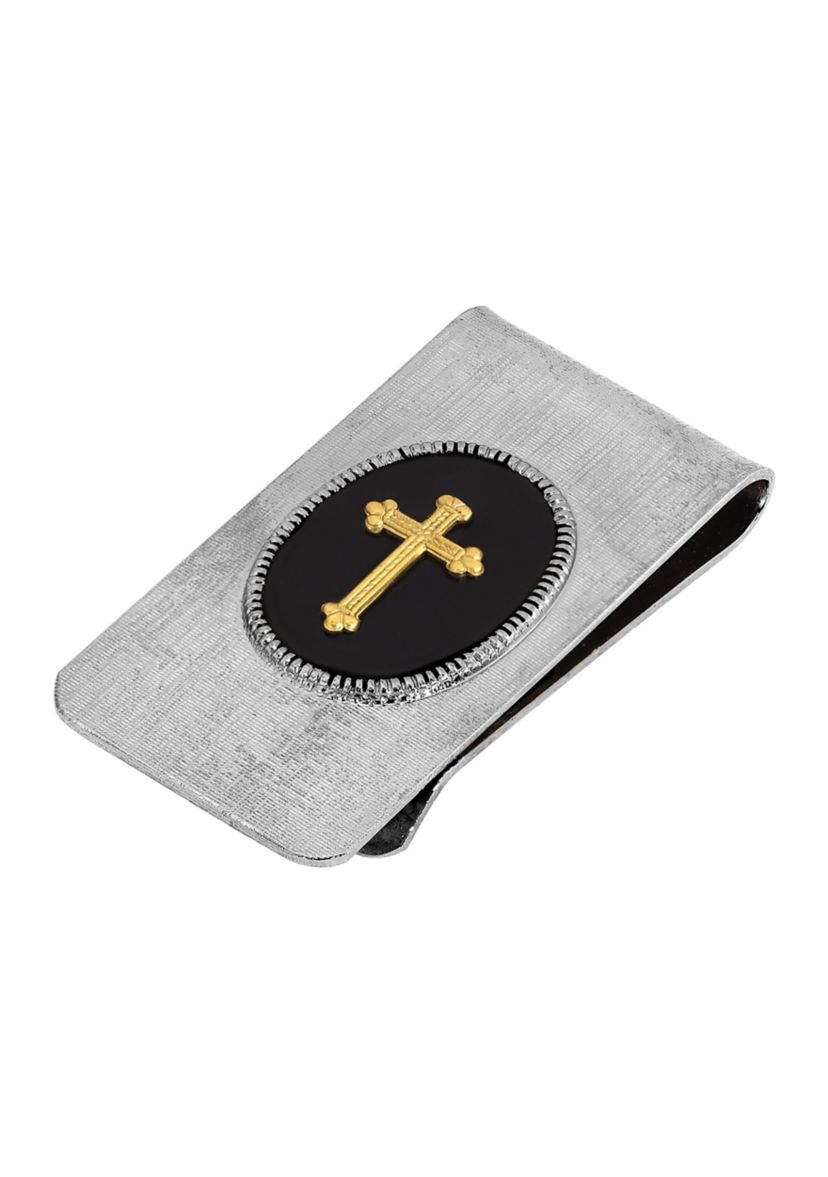 Silver Tone Black Enamel Gold Tone Cross Mens Money Clip