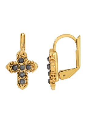 14K Gold-Dipped Hematite Color Petite Cross Earrings