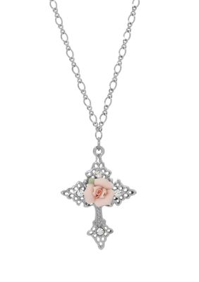 Silver-Tone Crystal Porcelain Rose Cross Pendant Necklace - 18"