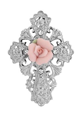 Silver-Tone Pink Porcelain Rose Cross Pin