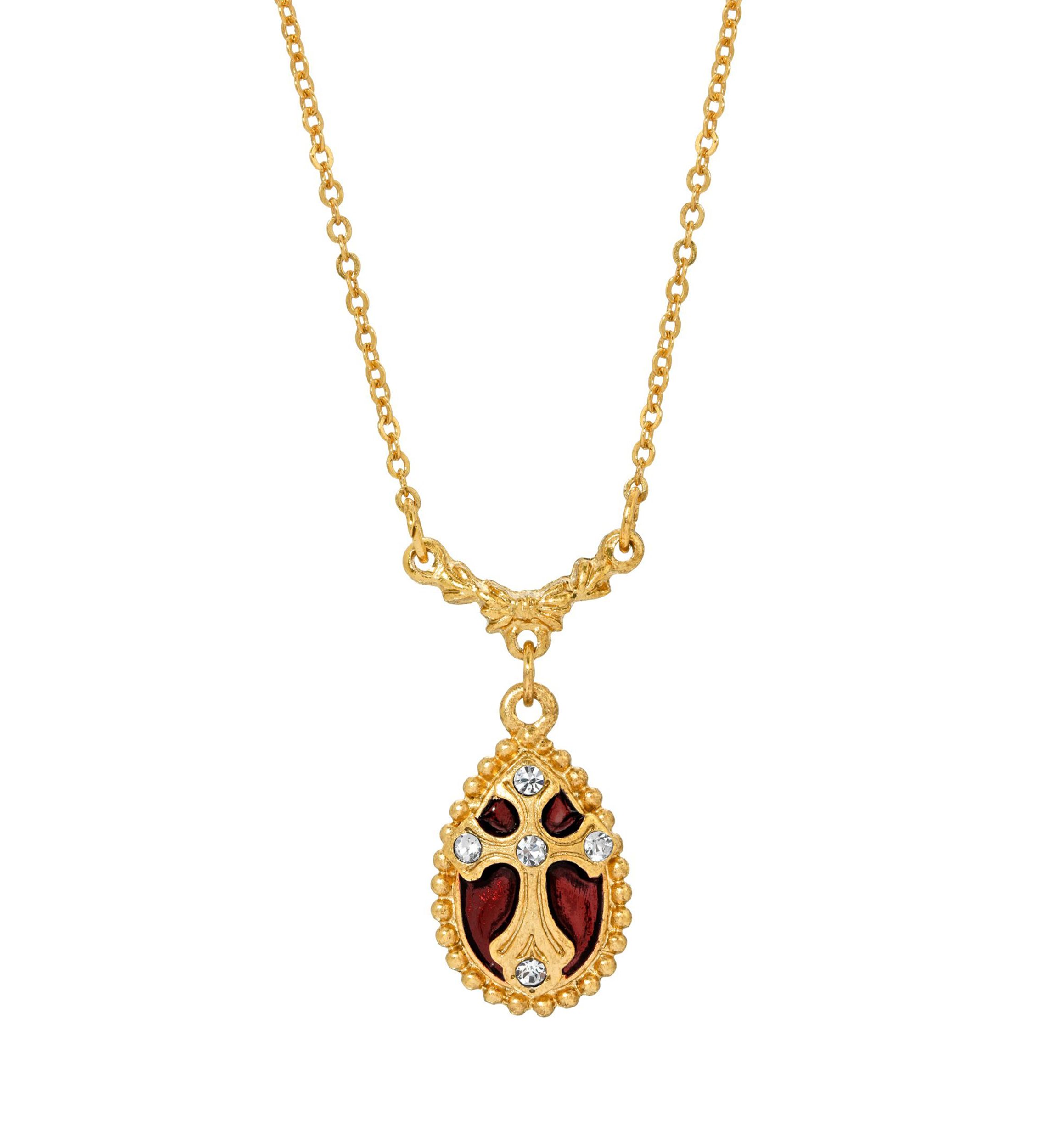 14K Gold-Dipped Crystal Red Enamel Cross Pendant Necklace - 16" Adj.