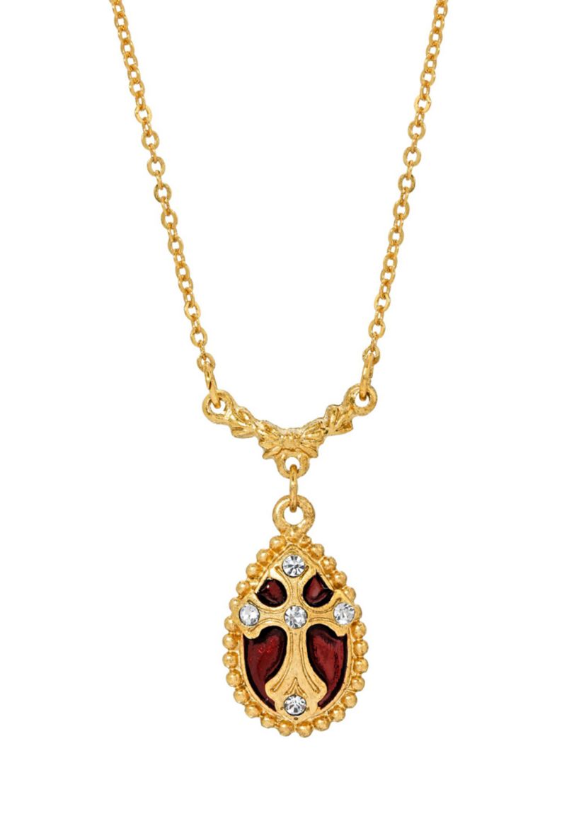 14K Gold-Dipped Crystal Red Enamel Cross Pendant Necklace - 16" Adj.