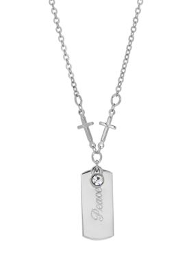 Silver-Tone Crystal Cross Chain "Peace" Necklace - 20"