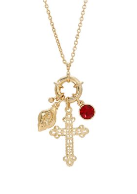14K Gold-Dipped Red Stone and Cross Charm Necklace - 30"