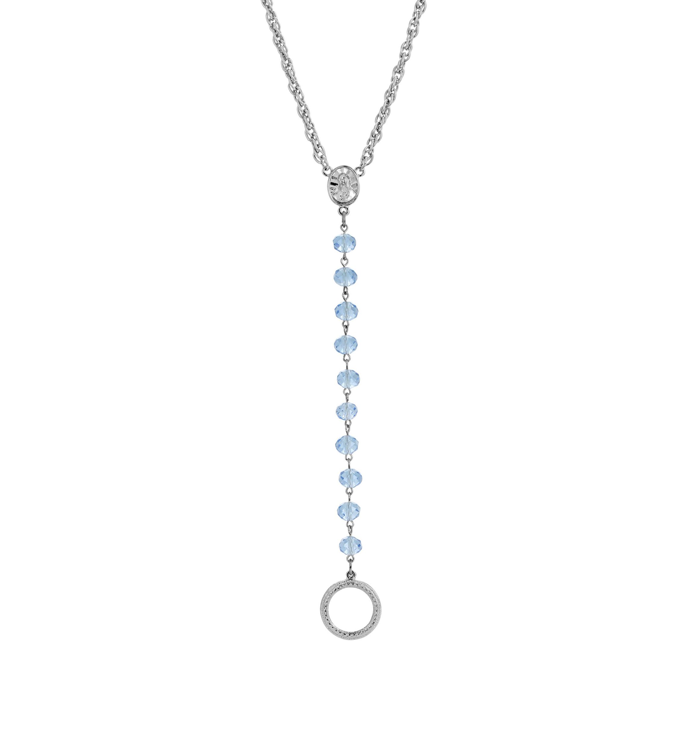 Silver-Tone Blue Beaded Mary Medallion Necklace/Eyeglass Holder - 16" Adj.