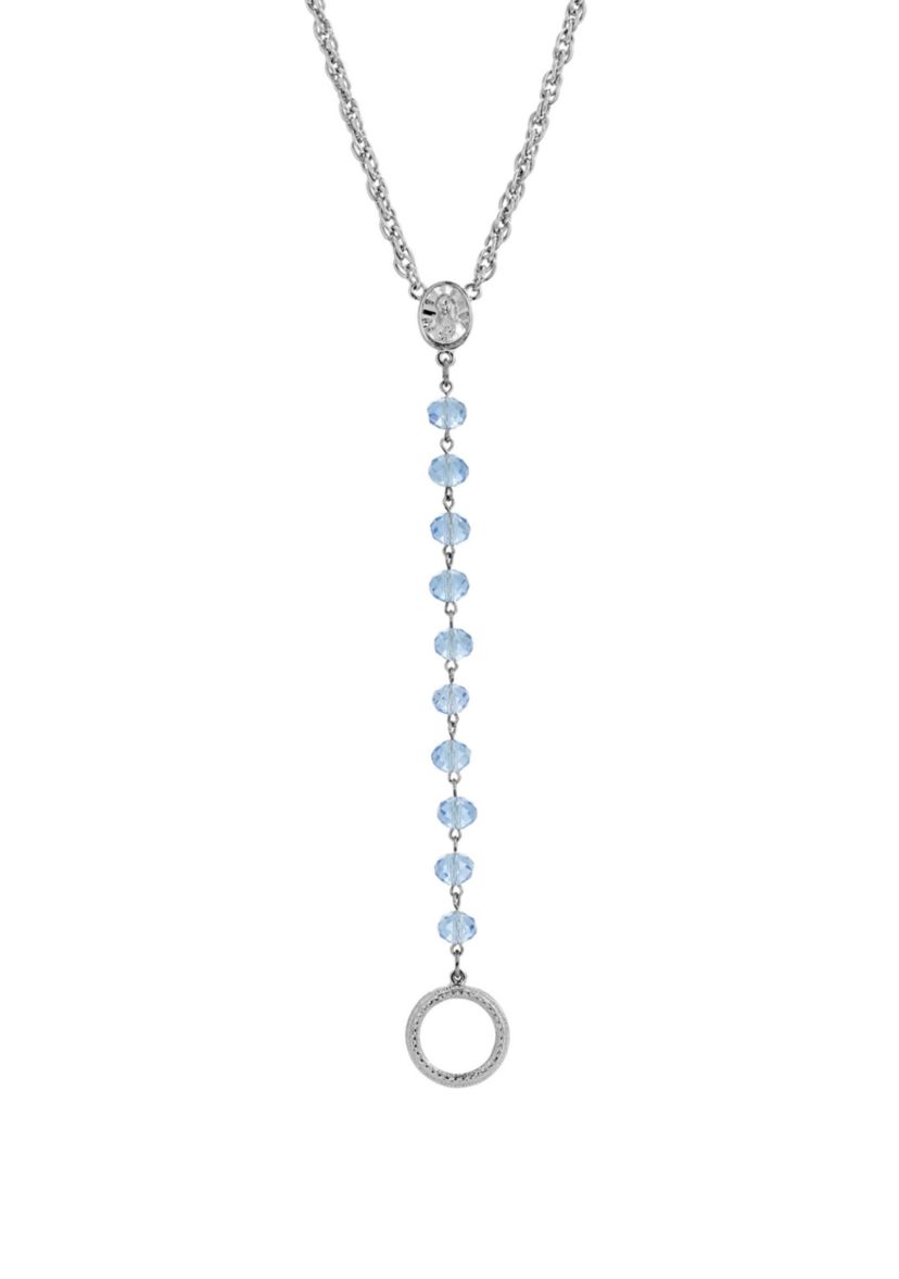Silver-Tone Blue Beaded Mary Medallion Necklace/Eyeglass Holder - 16" Adj.