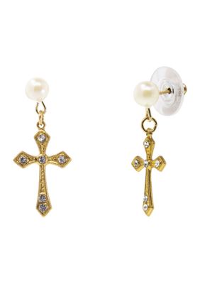 Gold Tone Crystal Cross With Pearl Stud Drop Earrings