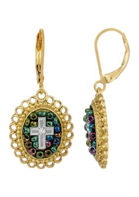 14K Gold Dipped Carded Multi Color Beaded Crystal Cross Lever Back Earrings