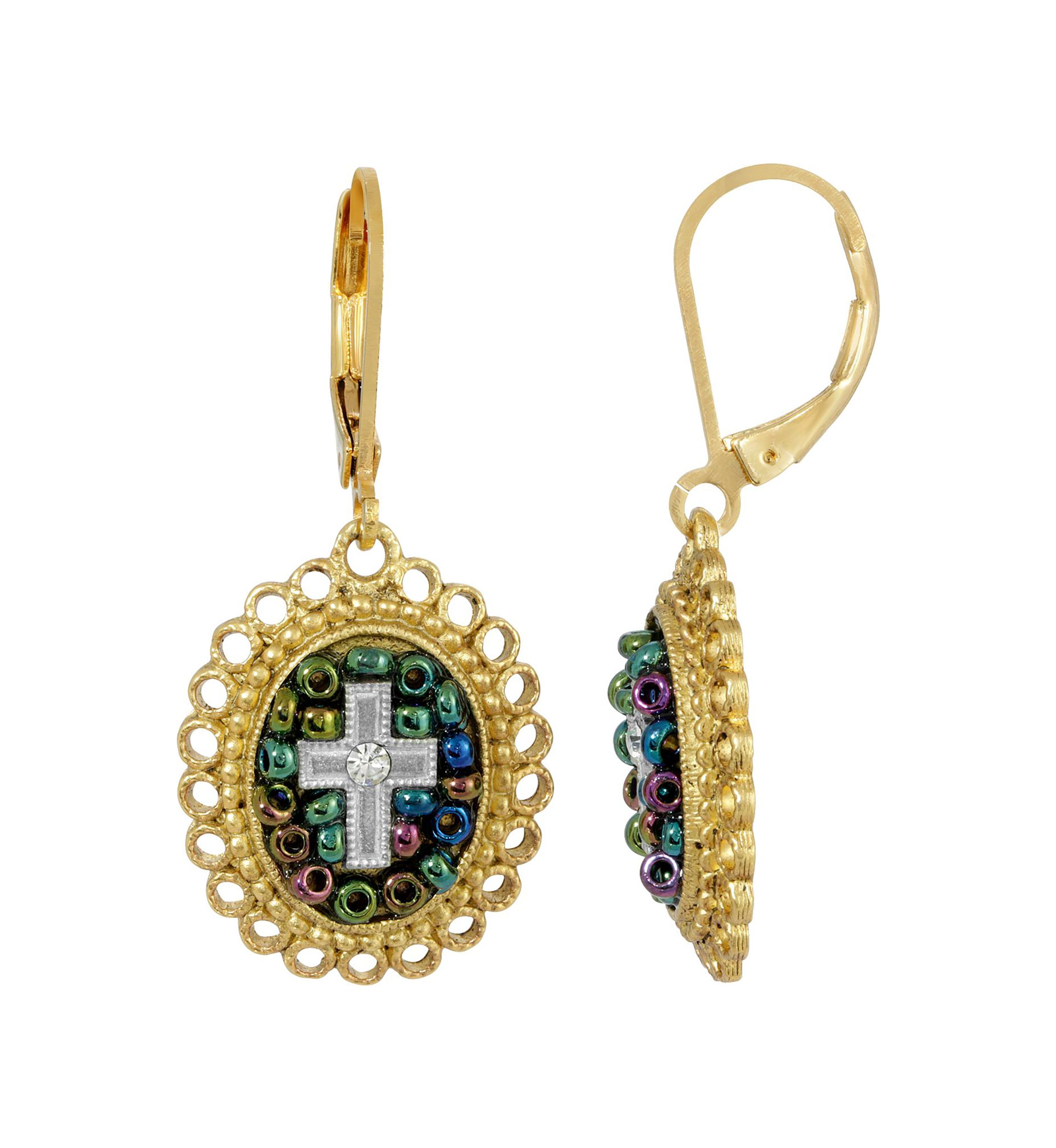14K Gold Dipped Carded Multi Color Beaded Crystal Cross Lever Back Earrings