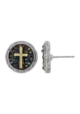 Silver Tone Carded Multi Color Beaded Cross Round Stud Earrings