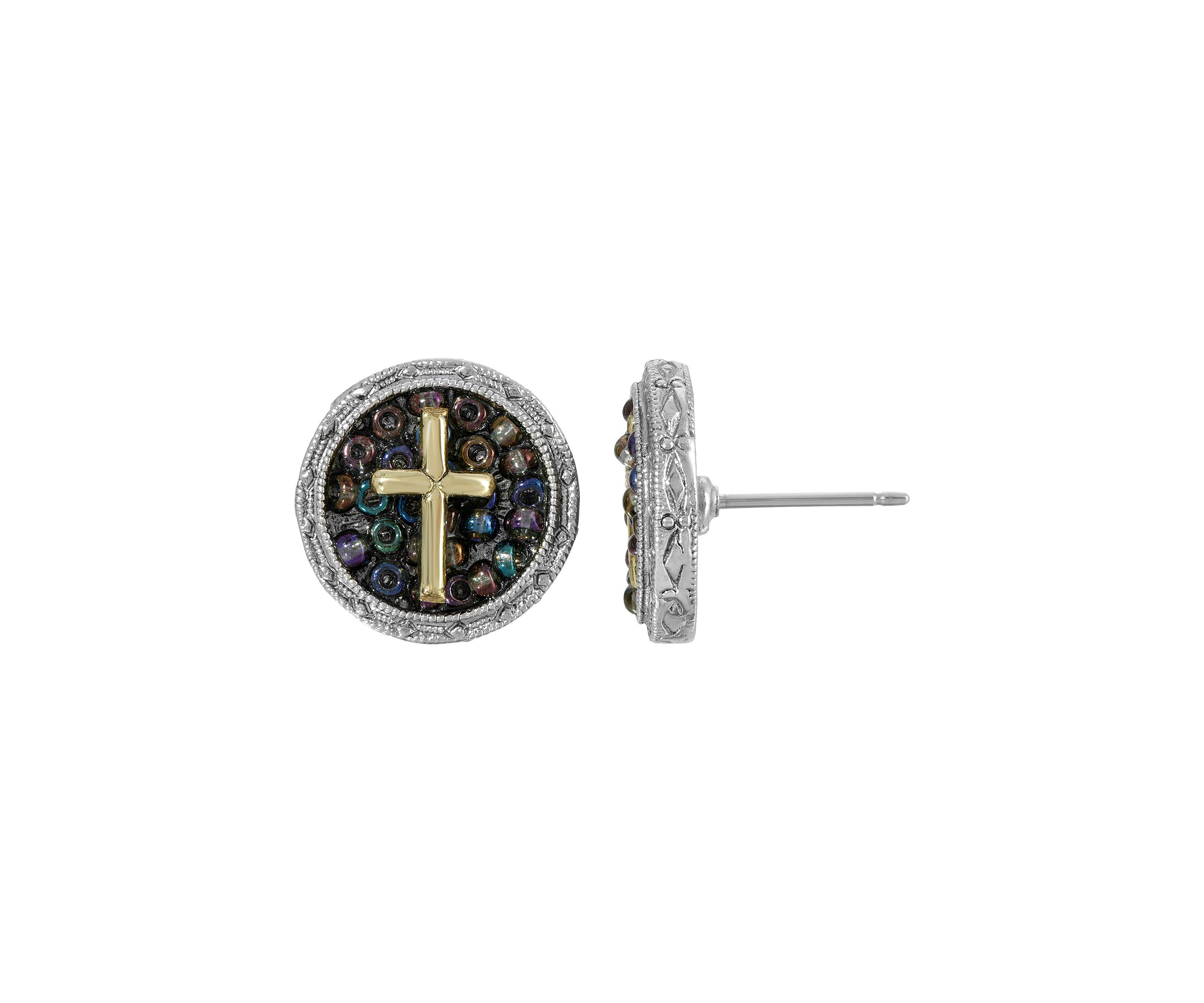 Silver Tone Carded Multi Color Beaded Cross Round Stud Earrings