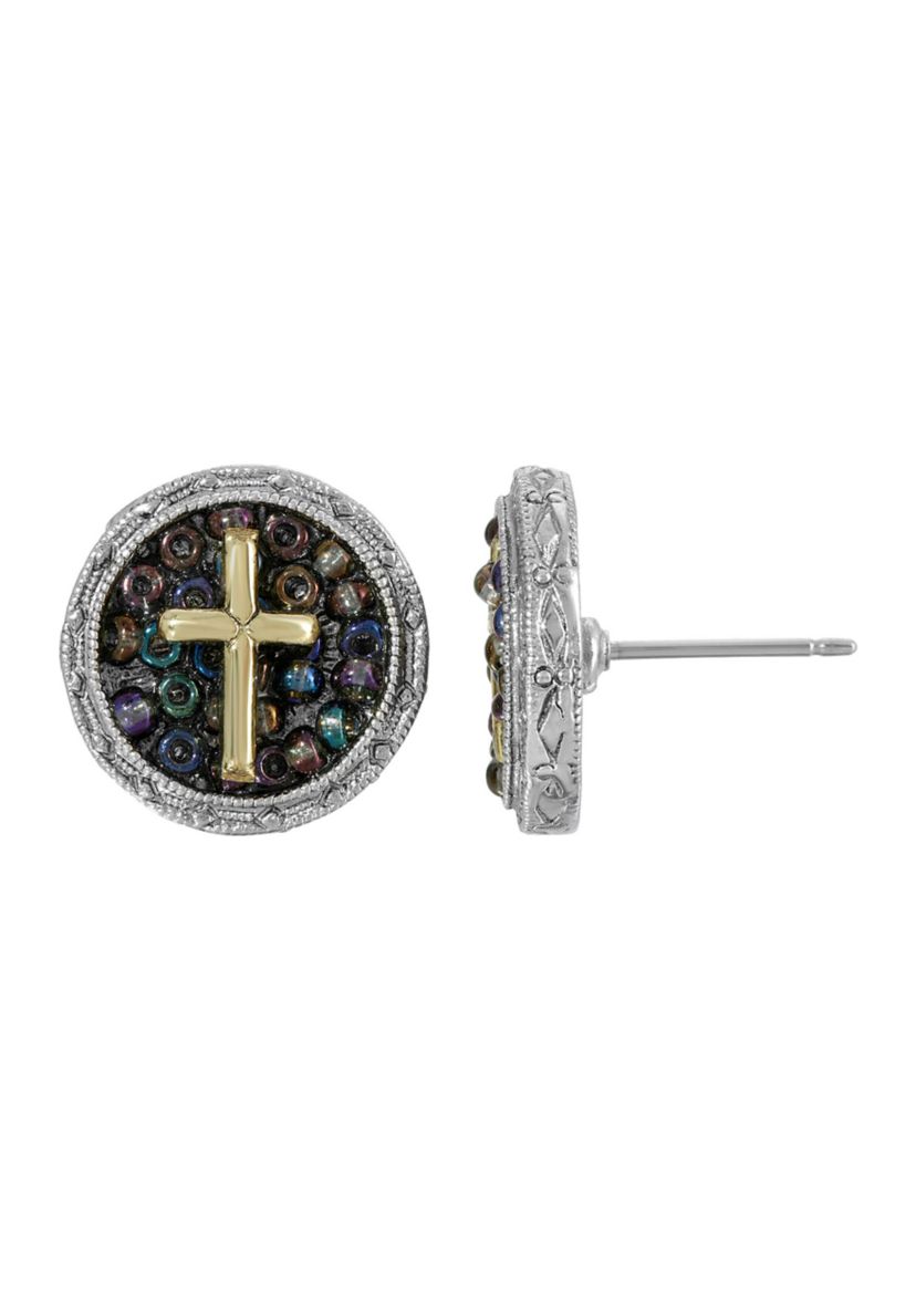 Silver Tone Carded Multi Color Beaded Cross Round Stud Earrings