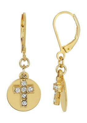 14K Gold Dipped Carded Crystal Cross With Round Disc. Euro Wire Earrings