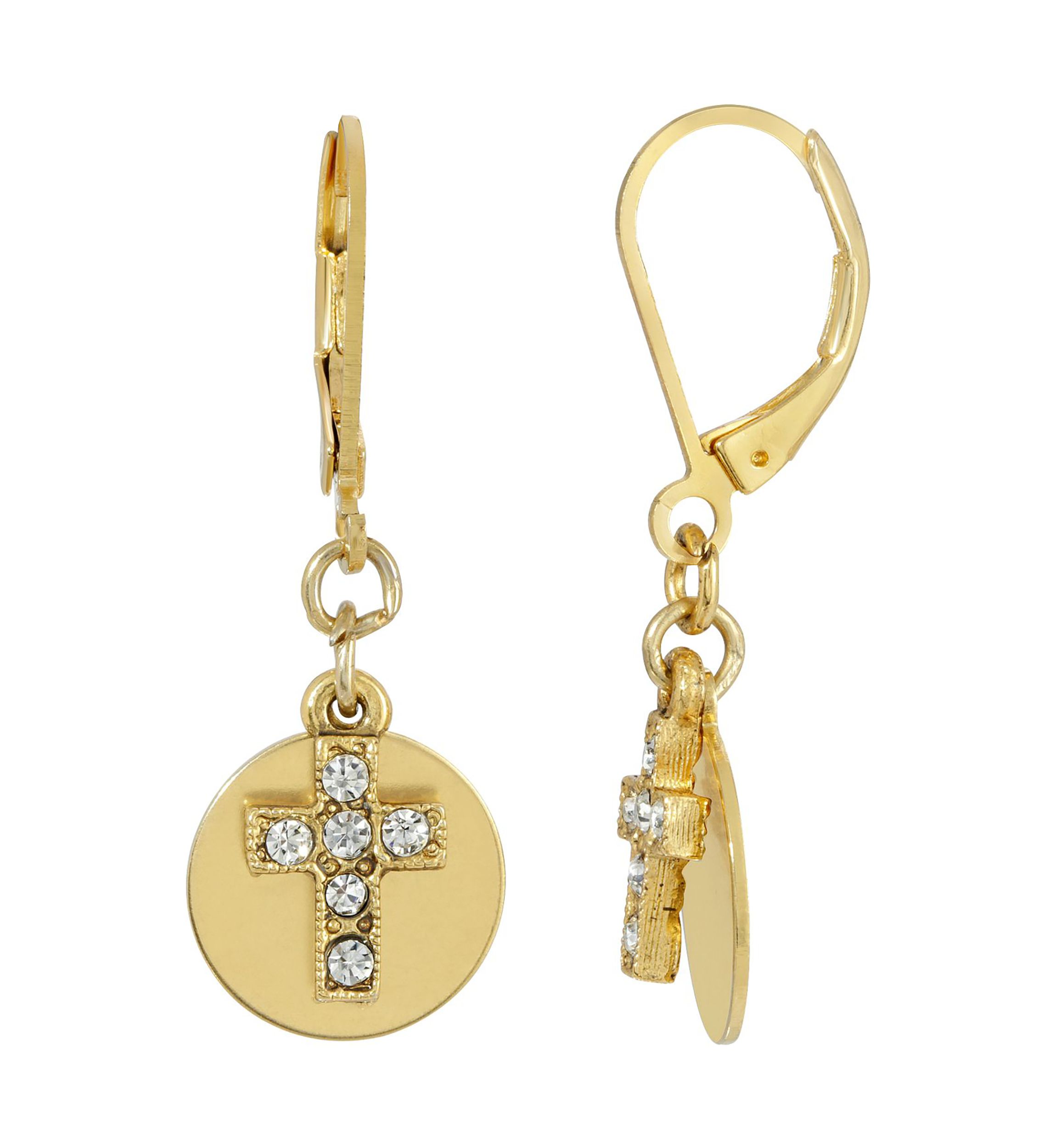 14K Gold Dipped Carded Crystal Cross With Round Disc. Euro Wire Earrings