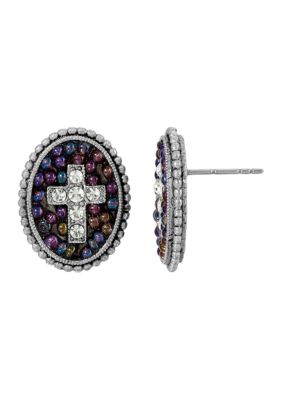 Pewter Purple Seeded Crystal Cross Oval Button Earrings