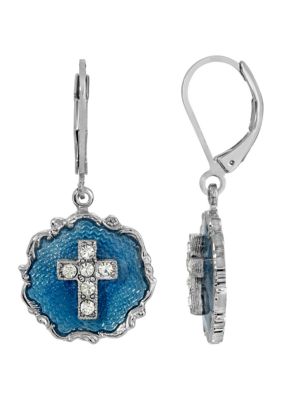 Silver Tone Blue Enamel Crystal Cross Round Earrings