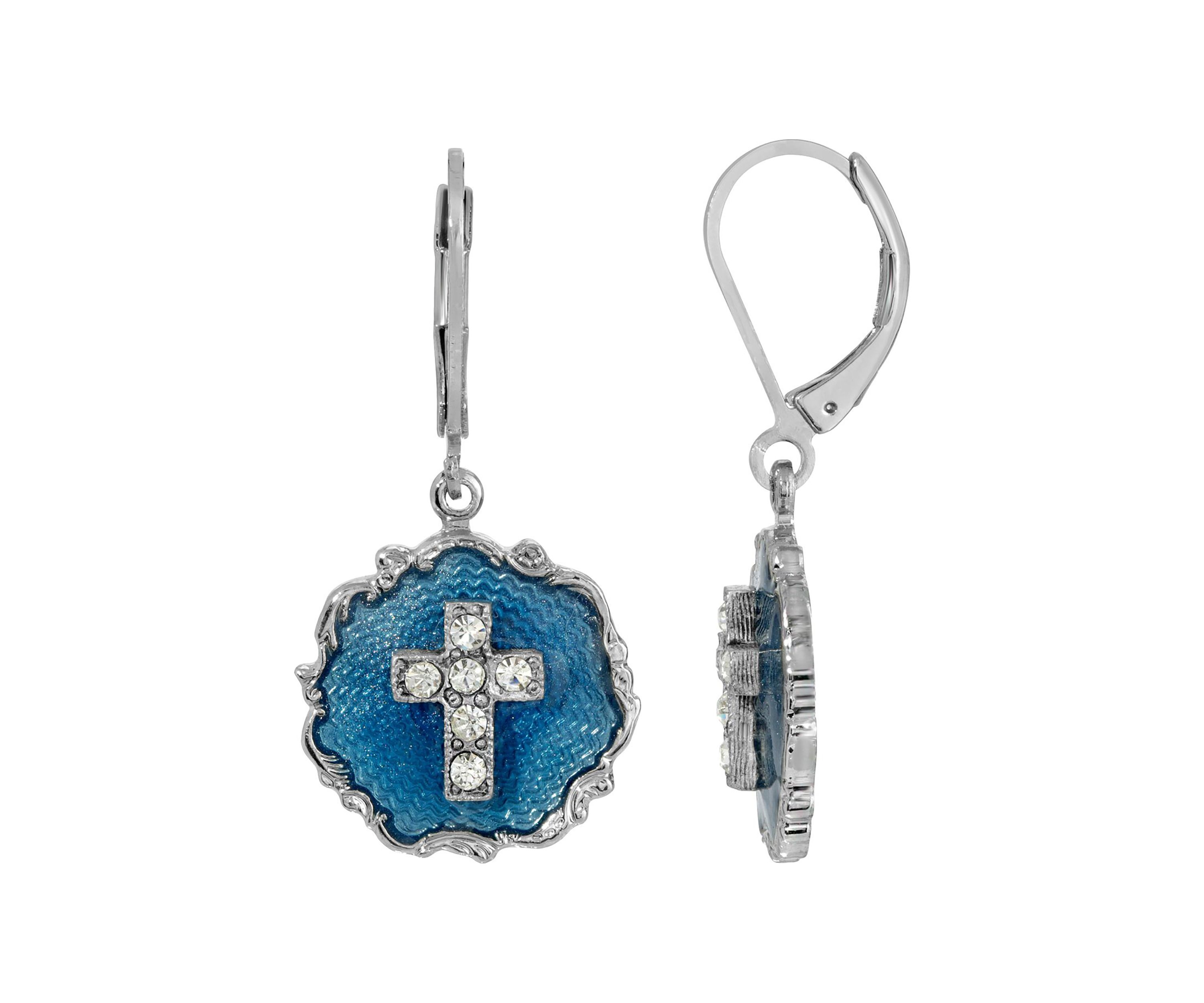 Silver Tone Blue Enamel Crystal Cross Round Earrings